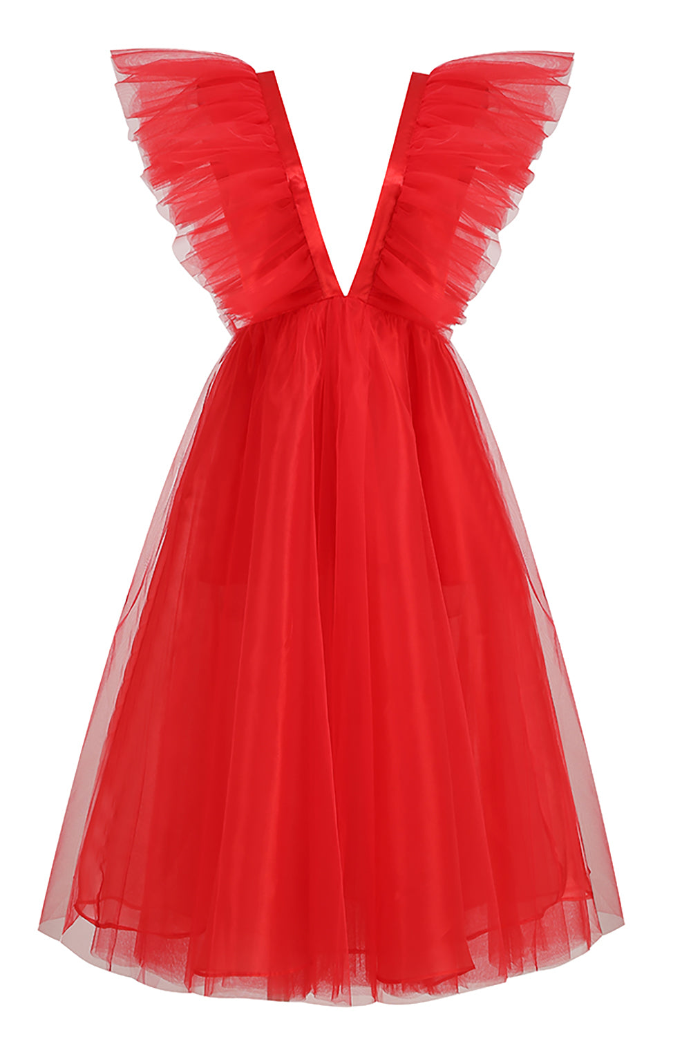 IULOVER Red V Neck Ruffle Tulle Mesh A-Line Dress M / Red