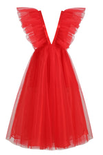 Red V Neck Ruffle Tulle Mesh A-line Dress