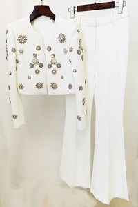 Rhinestone Embellished Blazer Split Flare Pants