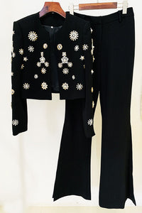 Rhinestone Embellished Blazer Split Flare Pants