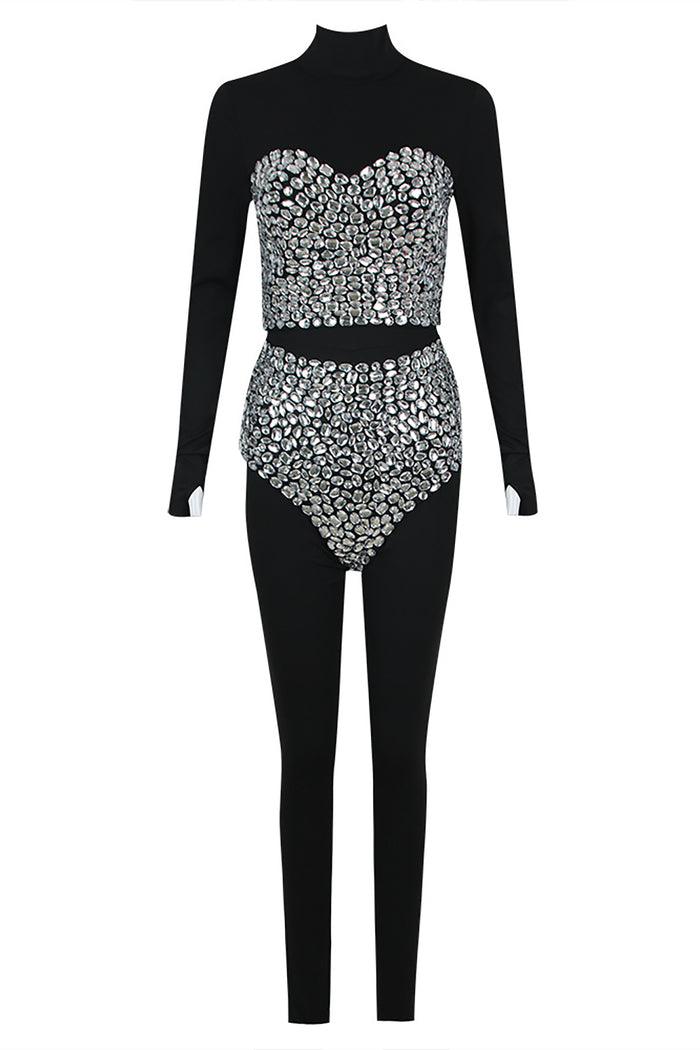 Rhinestone Pants and Corset Black Catsuit