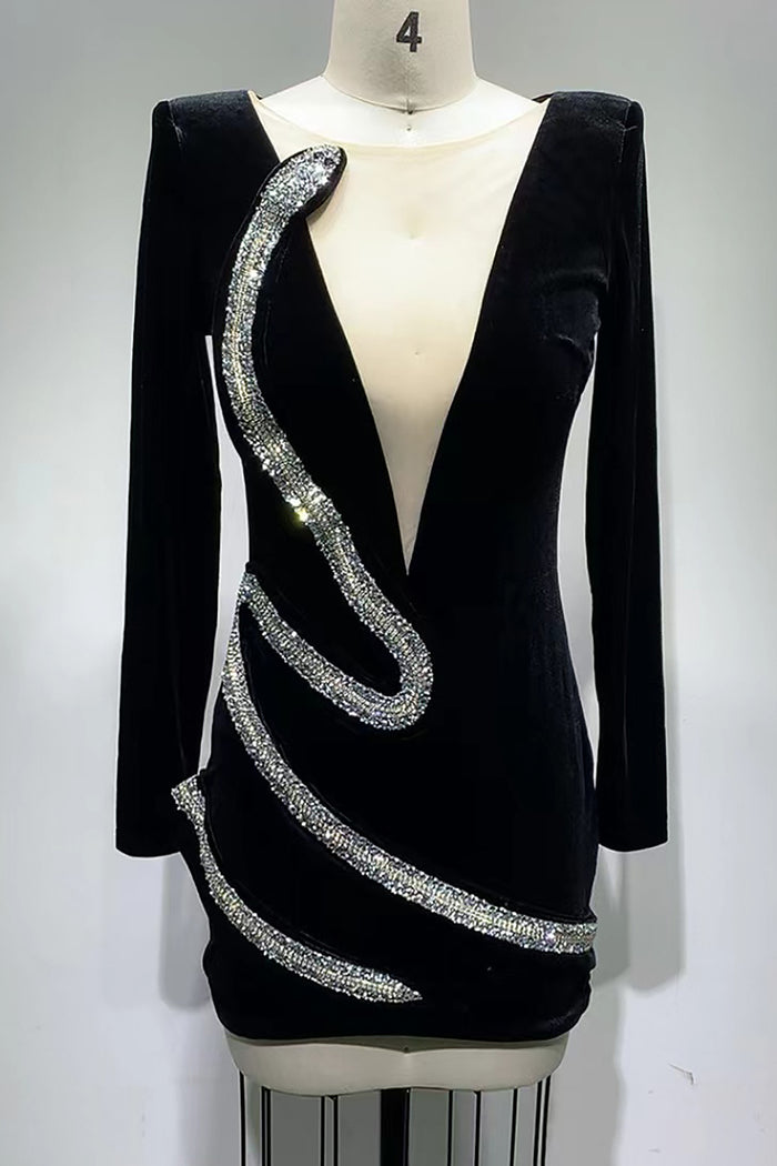 Rhinestone Serpenta Deep-V Velvet Mini Dress In Black - IULOVER