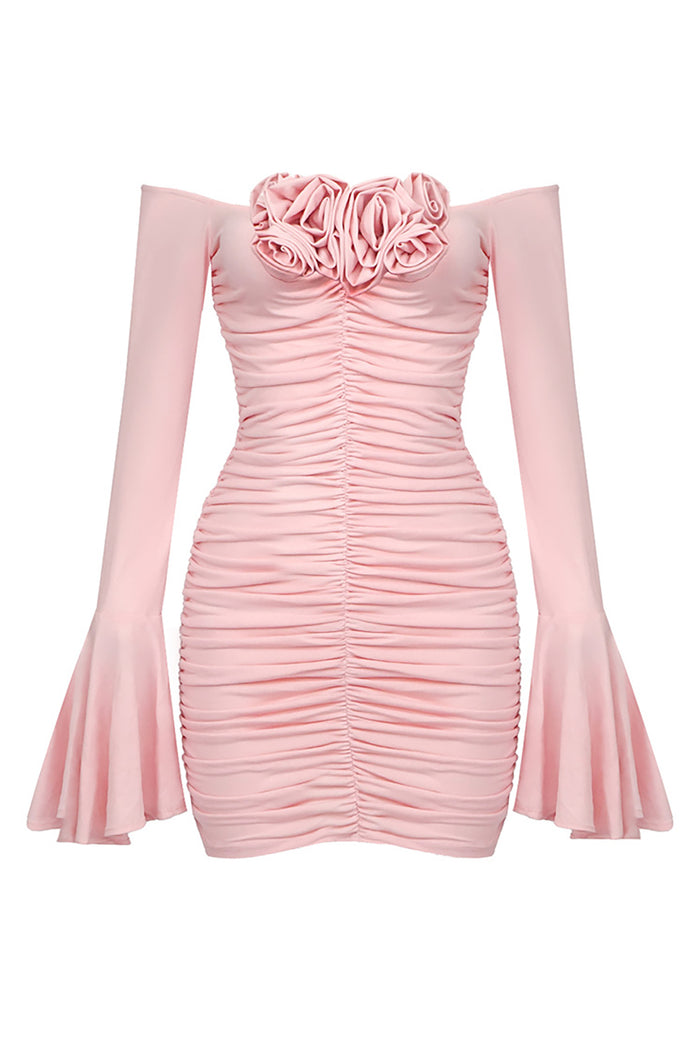 Rose Appliqued Ruched Jersey Mini Dress In Pink