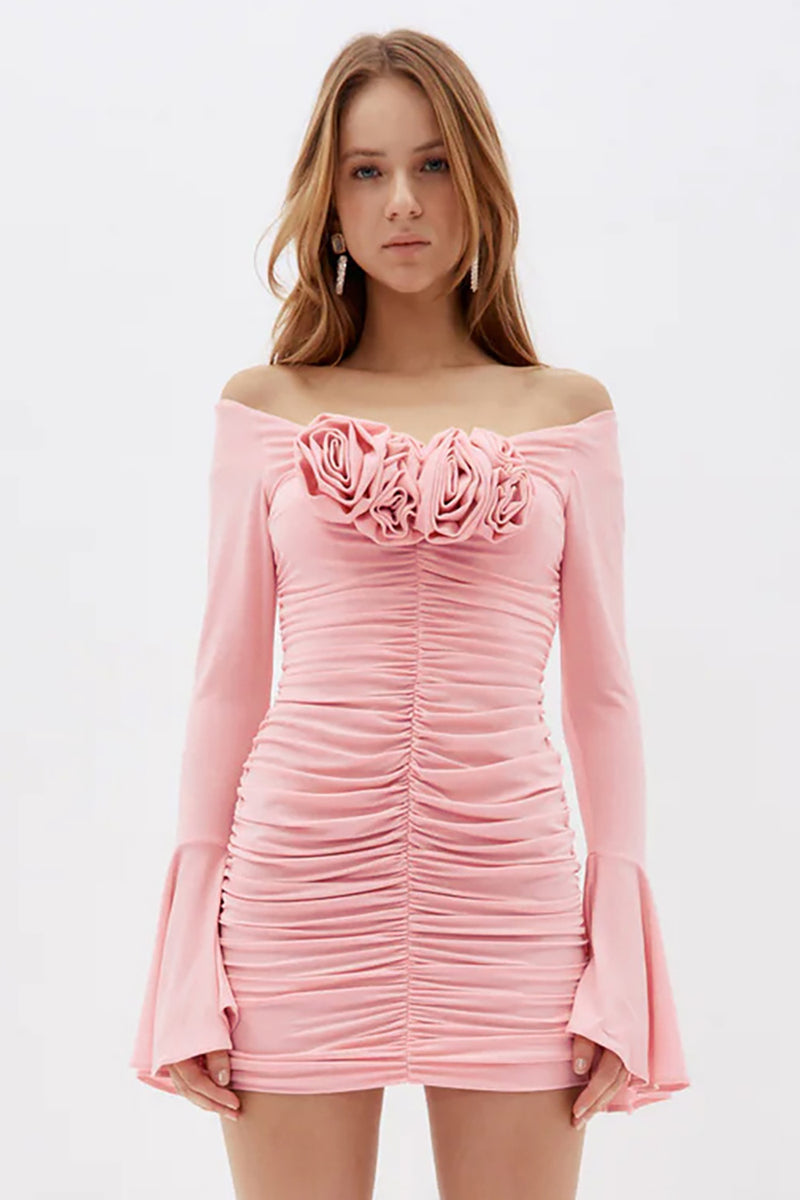 Rose Appliqued Ruched Jersey Mini Dress In Pink