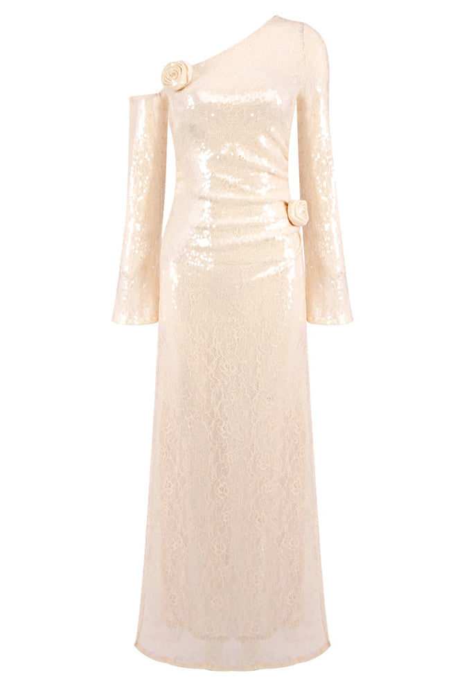 white one shoulder long sleeve sequin dress One Shoulder Dramatic Sleeve Sequin Dress