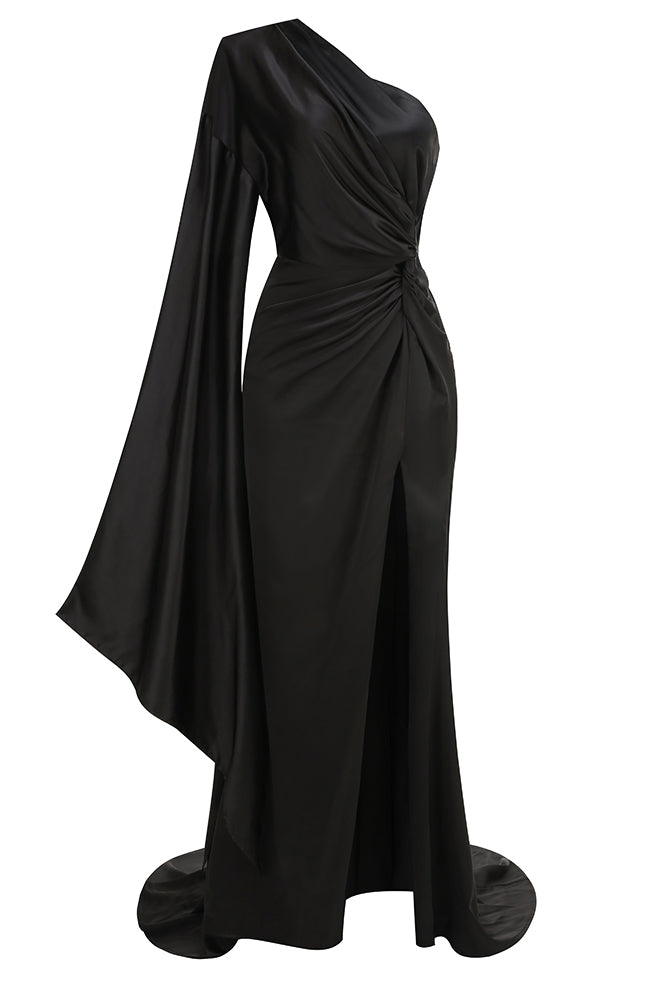 Ruched Thigh-Slit One-Shoulder Gowns