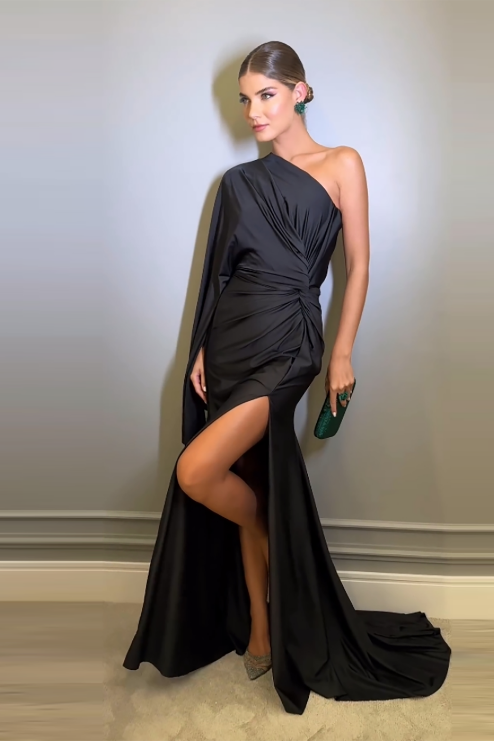 Ruched Thigh-Slit One-Shoulder Gowns