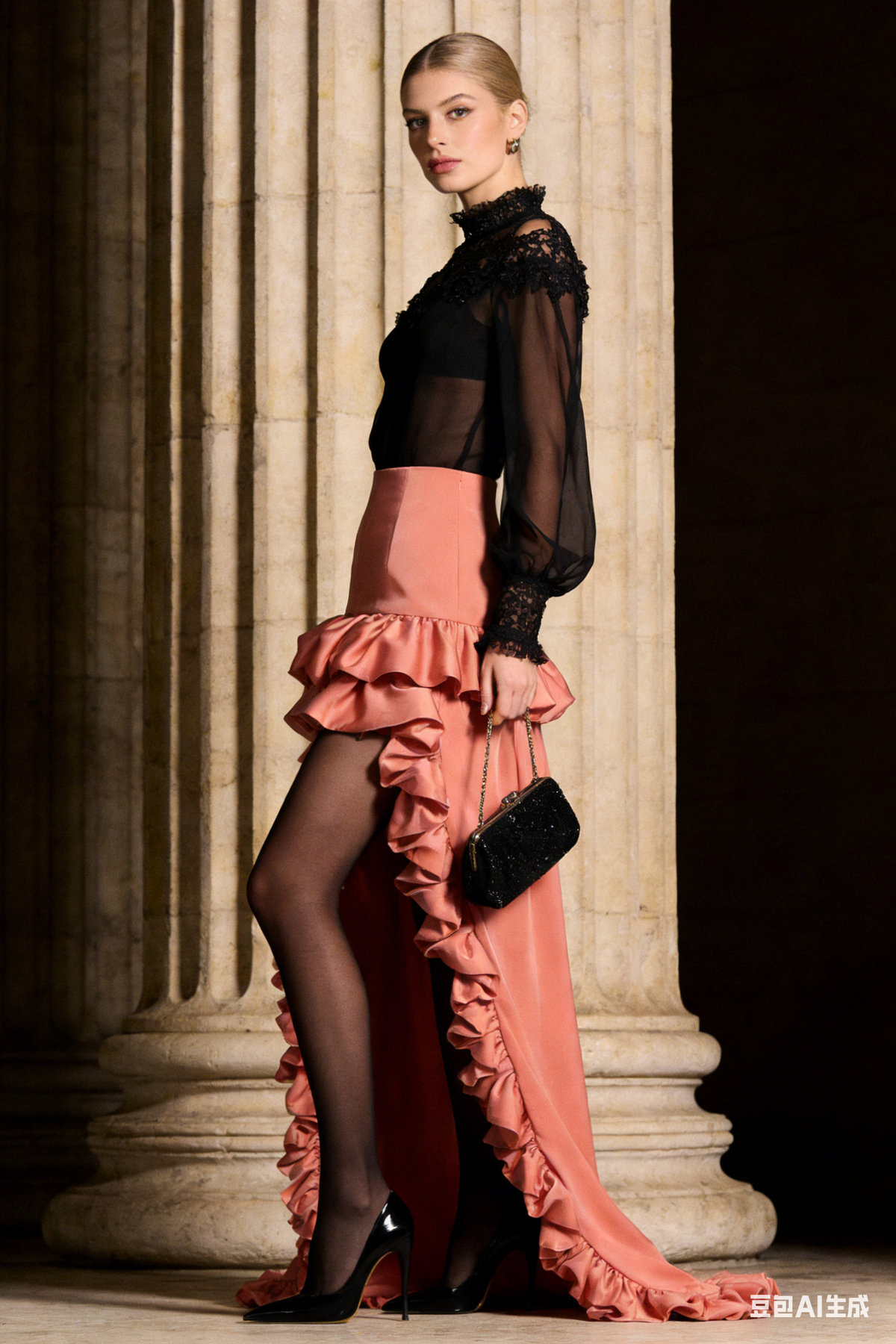 Saia comprida assimétrica com folhos