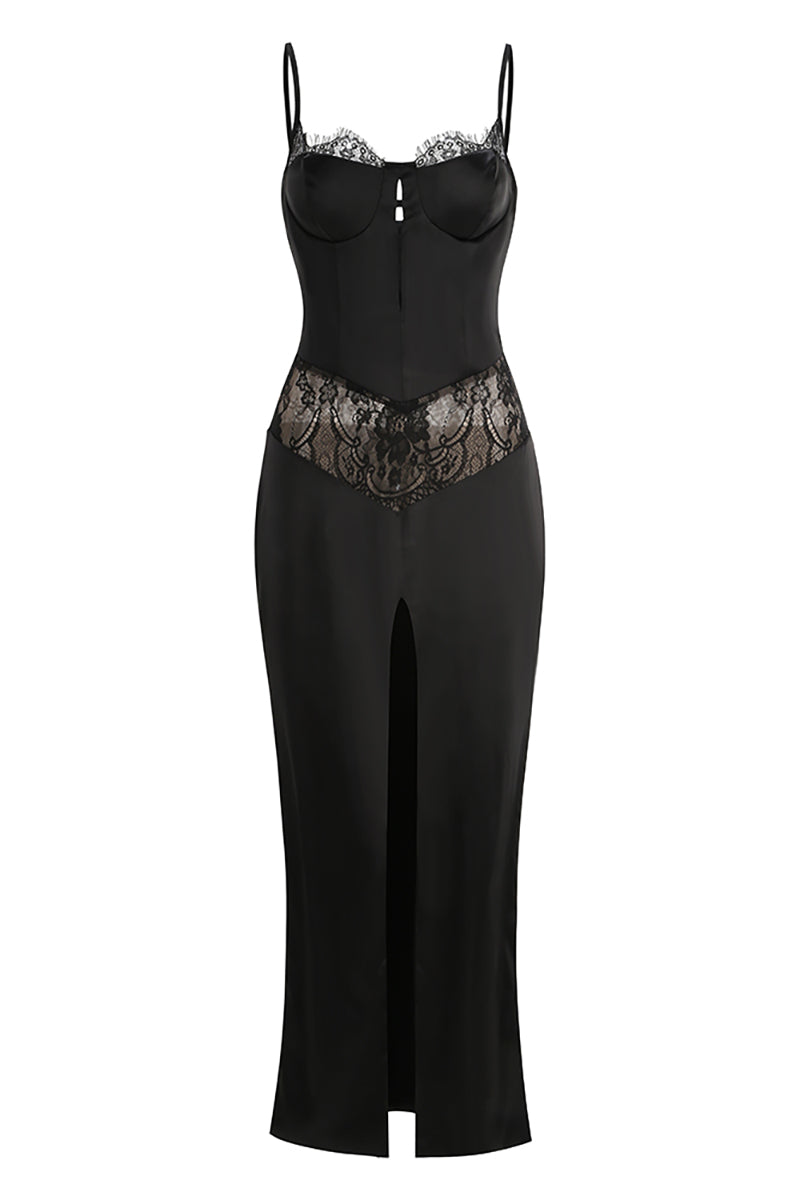 Slip Satin Lace-Trimmed Slit Dress in Black