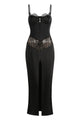 Slip Satin Lace-Trimmed Slit Dress in Black