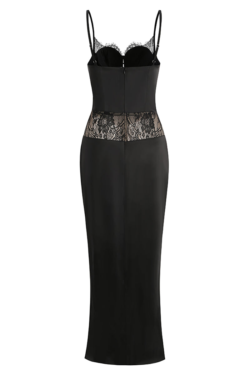 Slip Satin Lace-Trimmed Slit Dress in Black IULOVER Slip Satin Lace-Trimmed Slit Dress in Black IULOVER