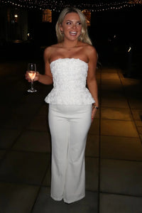 Satin Strapless Cream Top Wide Leg Pants