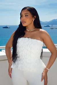 Satin Strapless Cream Top Wide Leg Pants