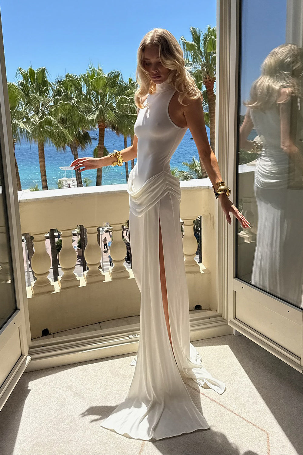 See-Through Draped High-Slit Maxi Dress