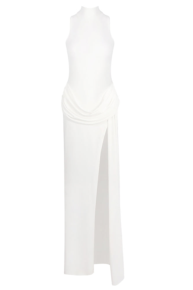 See-Through Draped High-Slit Maxi Dress
