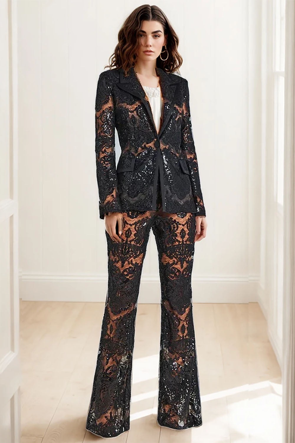 Sequin-embroidered Lace Blazer and Pant Suits