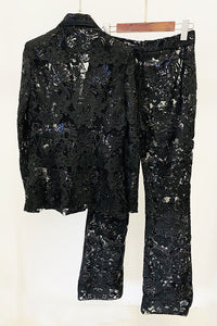 Sequin-embroidered Lace Blazer and Pant Suits