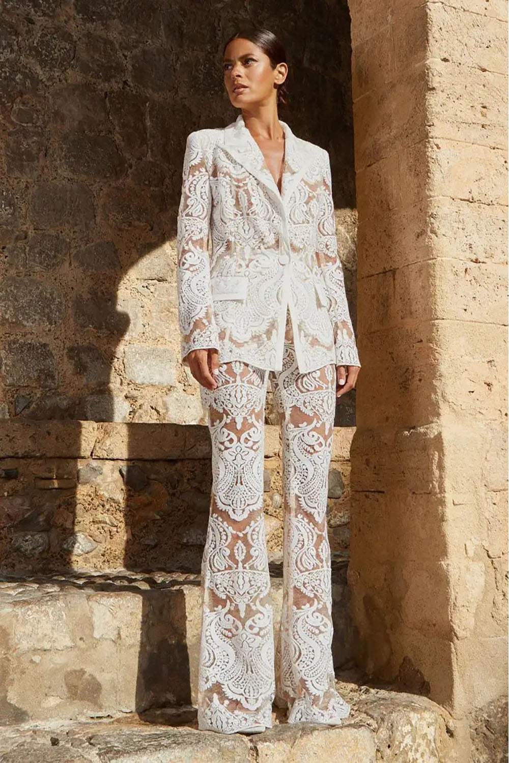 Sequin-embroidered Lace Blazer and Pant Suits