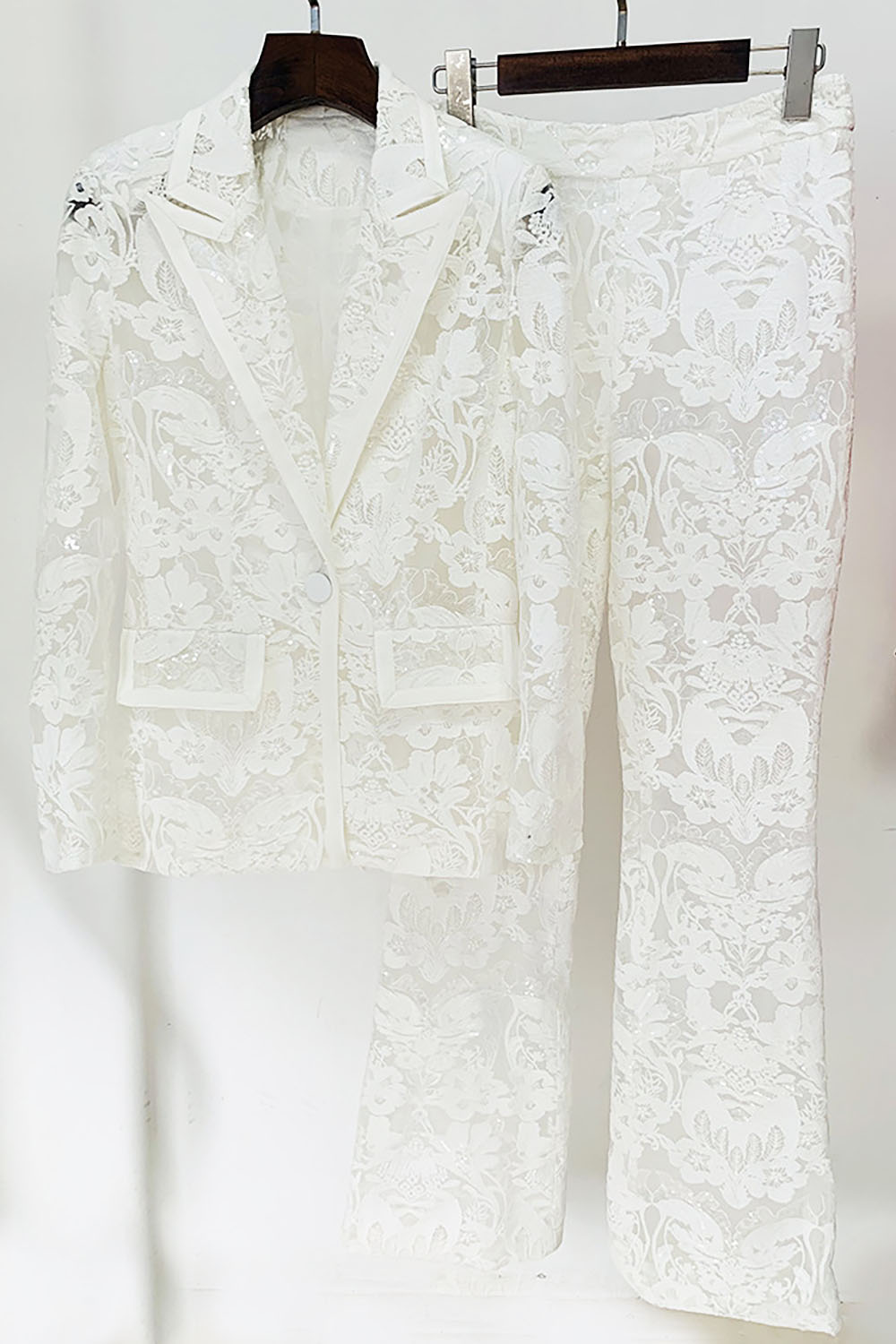 Sequin-embroidered Lace Blazer and Pant Suits