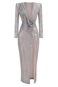 Vestido con escote halter y lentejuelas en color gris