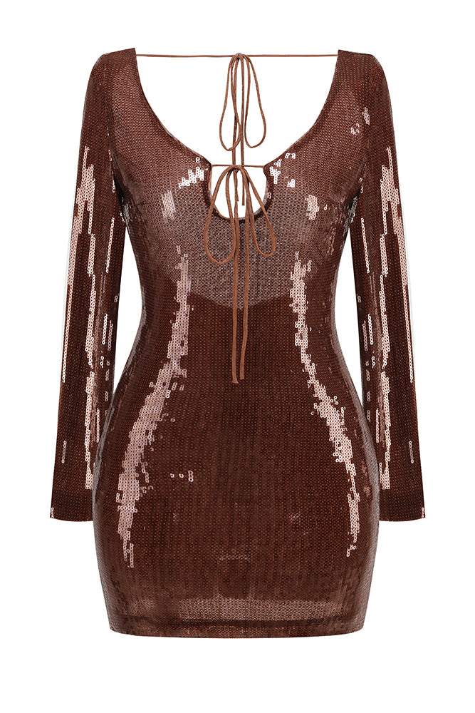 Sequin Long Sleeve Mini Dress Brown / Small