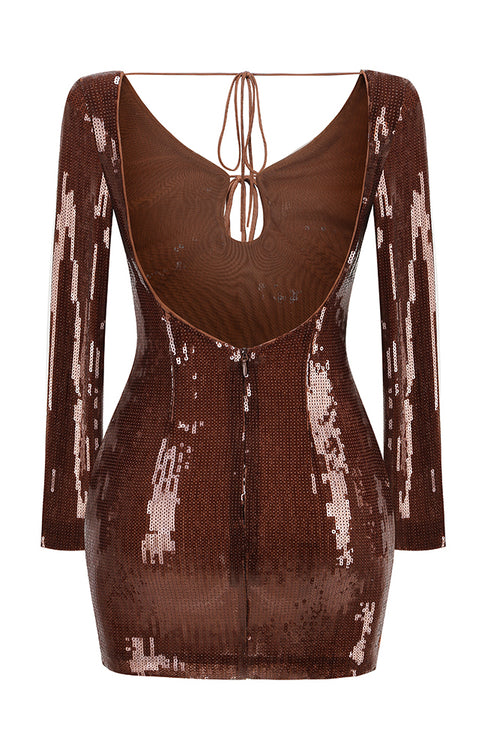 gold mini dress long sleeve Sequin Long Sleeve Mini Dress Brown / Small