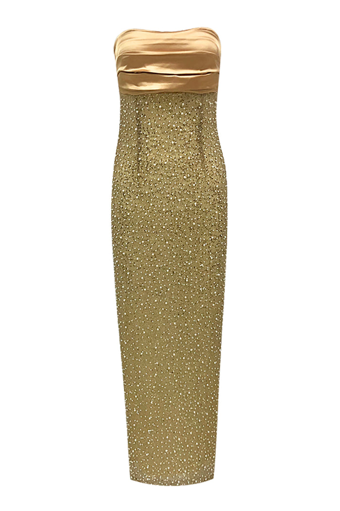 Strapless Sequin Pearl Embroidered Maxi Mress