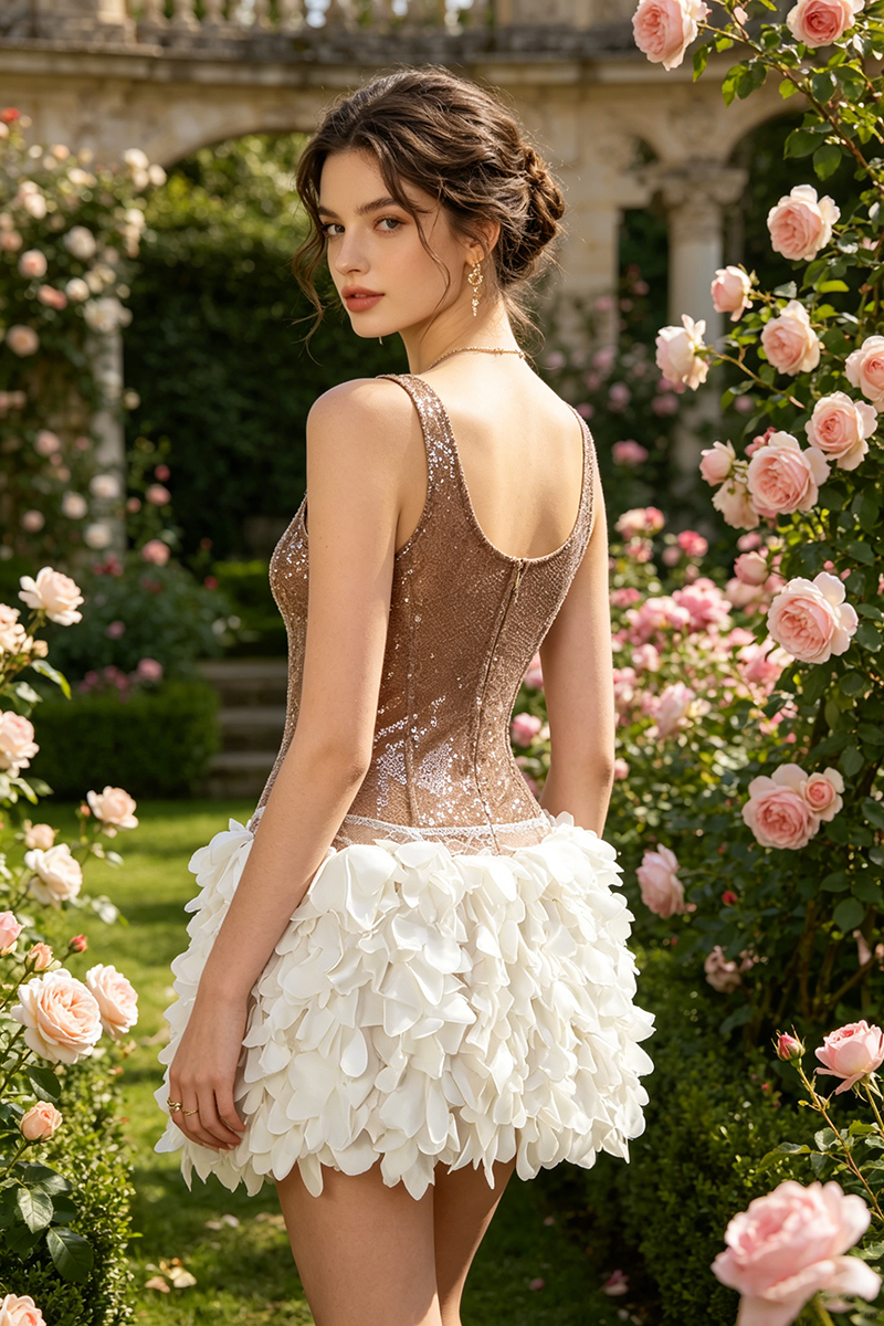 Sequin Petal Mini Dress in Gold White