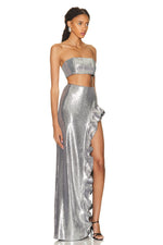 Sequined Bandeau Bustier Sequined Long Skirt In Silver