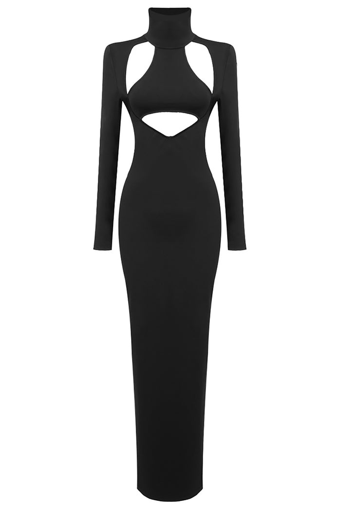 Side Cut Out Halter Turtleneck Gown In Black