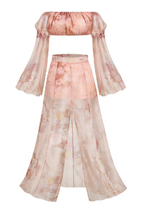 Conjunto dois vestido de seda rosa estampado sem mangas