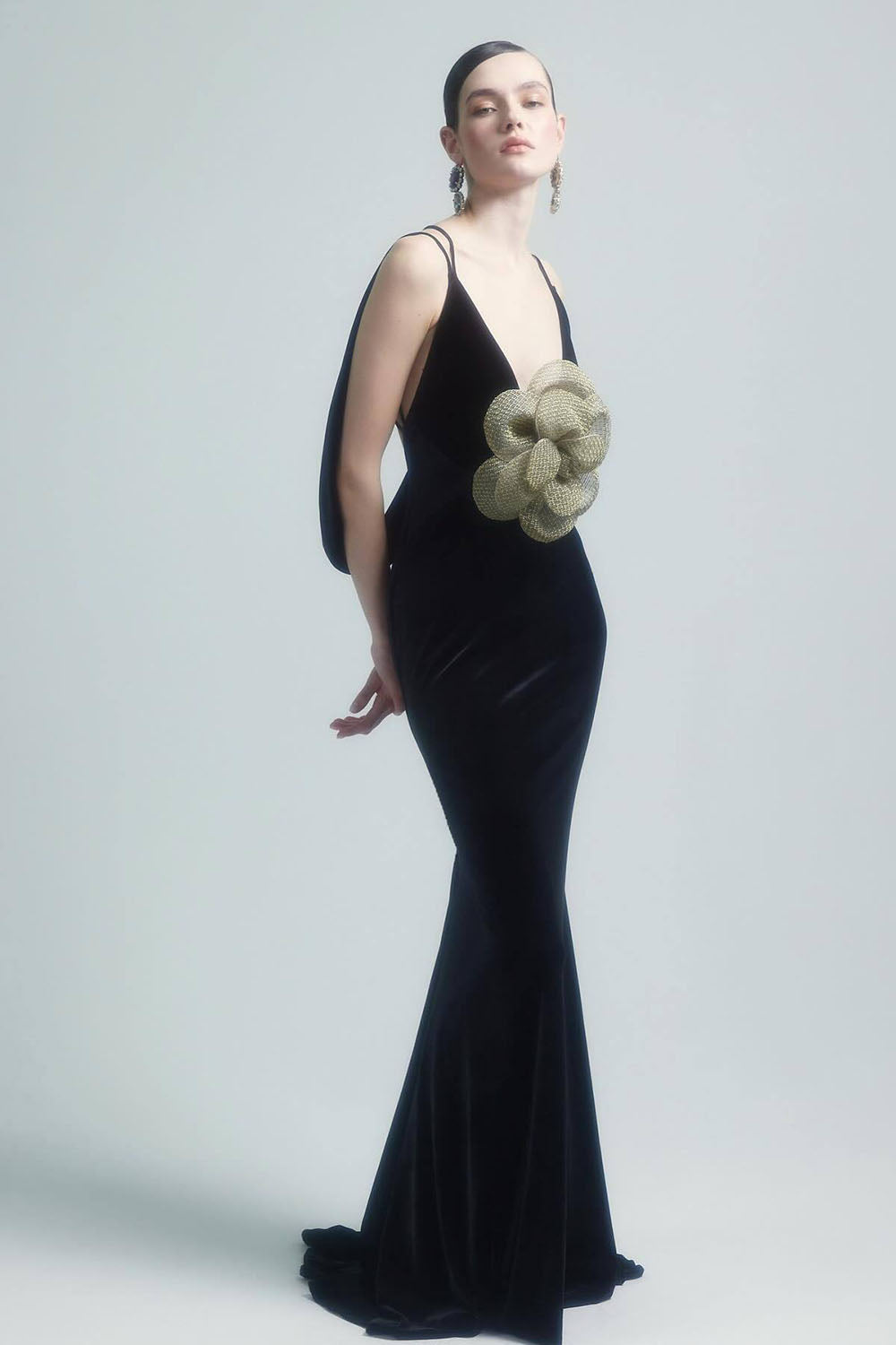 Deep V 3D Flower Slip Velvet Gown