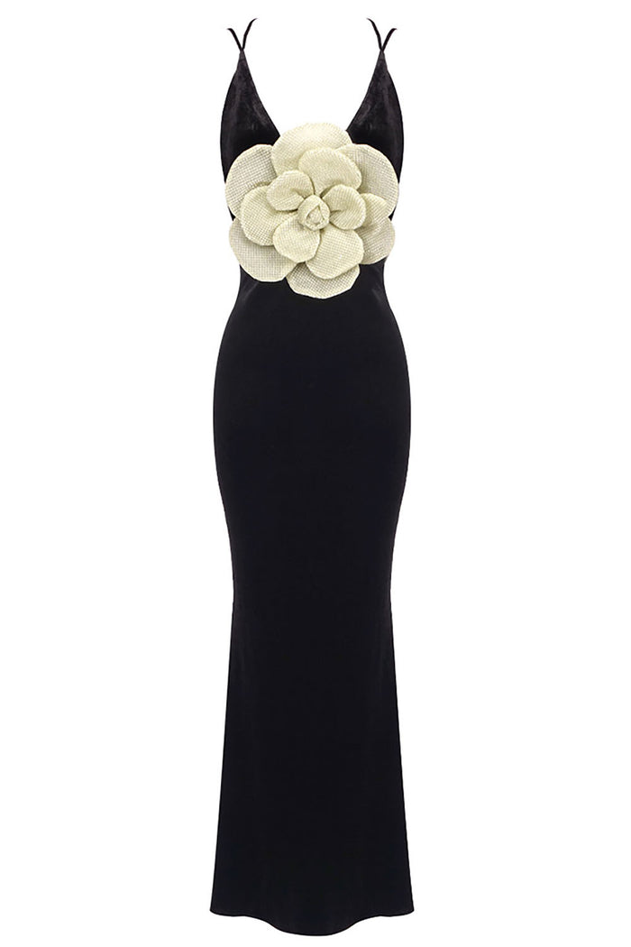 Deep V 3D Flower Slip Velvet Gown