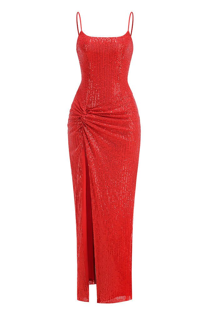 Red dress with thin straps on a white background