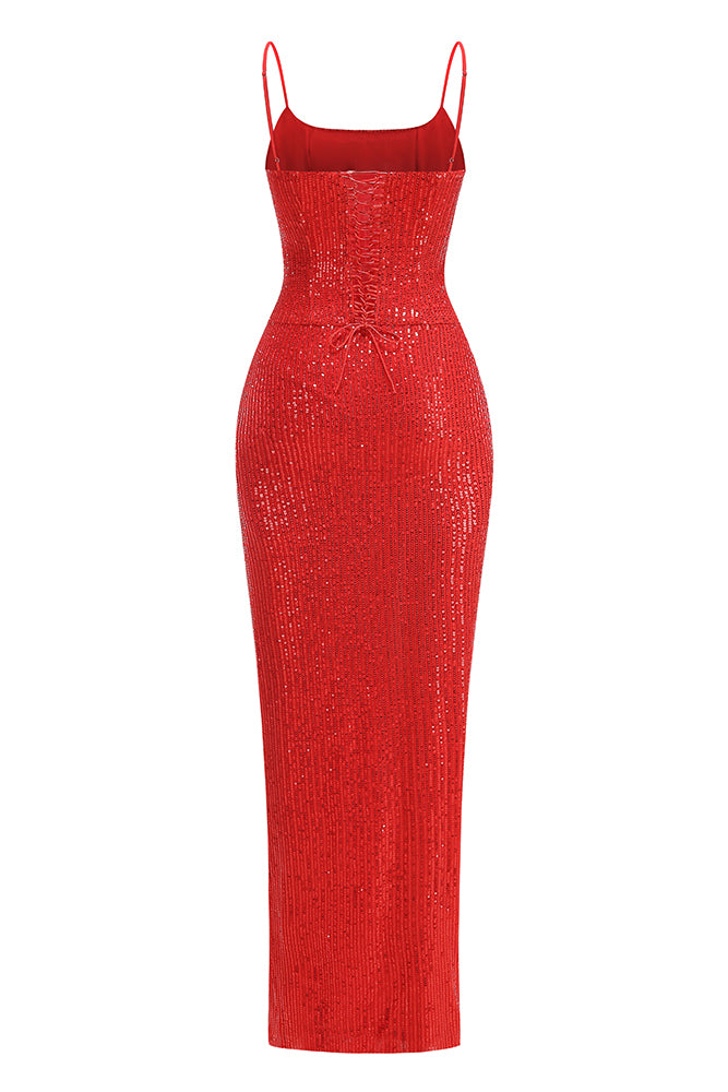 Slip Sequin Draped Slit Maxi Dress IULOVER Slip Sequin Draped Slit Maxi Dress IULOVER