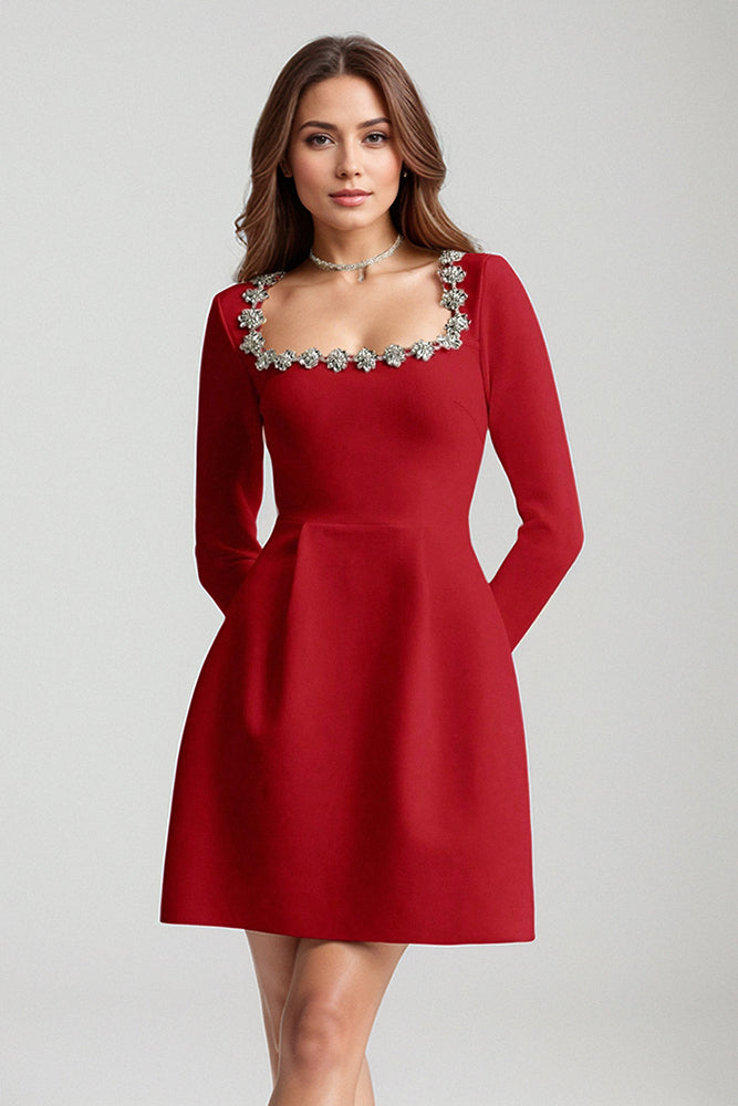 Square Crystal Rhinestone-Trim Mini Dress in Red