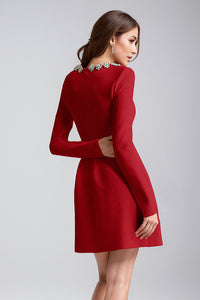 Square Crystal Rhinestone-Trim Mini Dress in Red