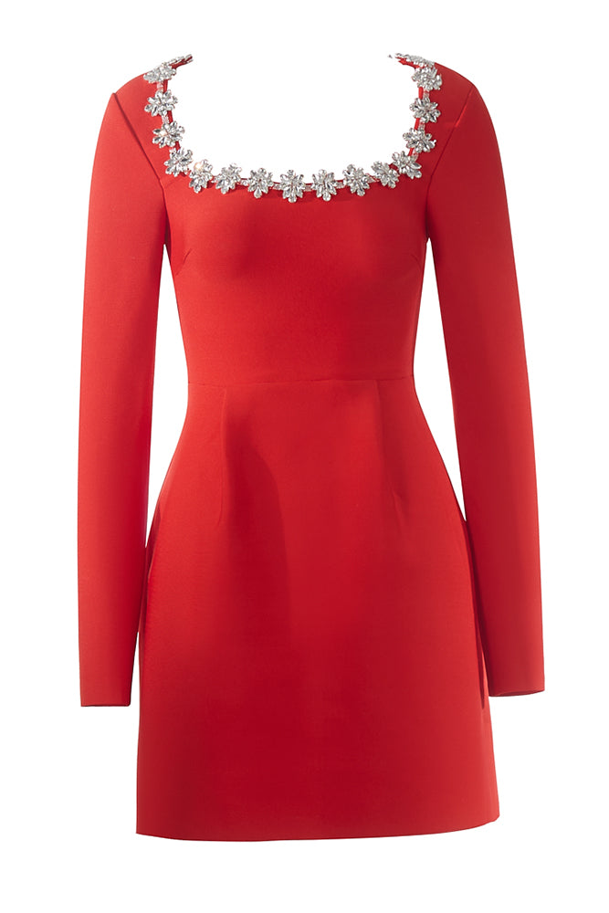 Square Crystal Rhinestone-Trim Mini Dress in Red