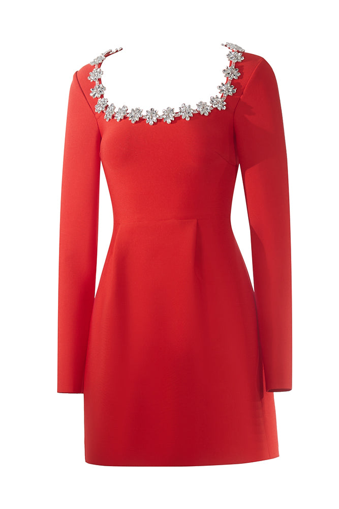 Square Crystal Rhinestone-Trim Mini Dress in Red