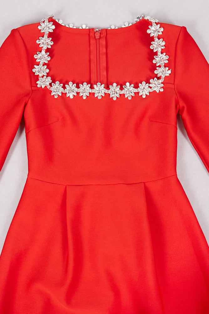 Square Crystal Rhinestone-Trim Mini Dress in Red