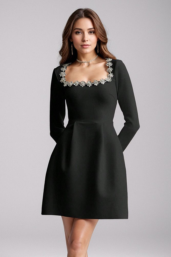 Square Crystal Rhinestone-Trim Mini Dress in Black IULOVER Square Crystal Rhinestone-Trim Mini Dress in Black IULOVER