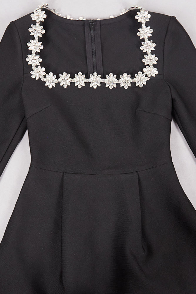 Square Crystal Rhinestone-Trim Mini Dress in Black