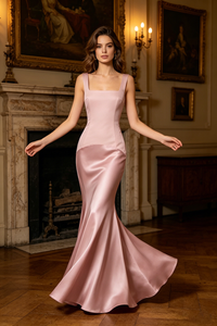 Square neckline Satin Panelled Maxi Dress in Pink
