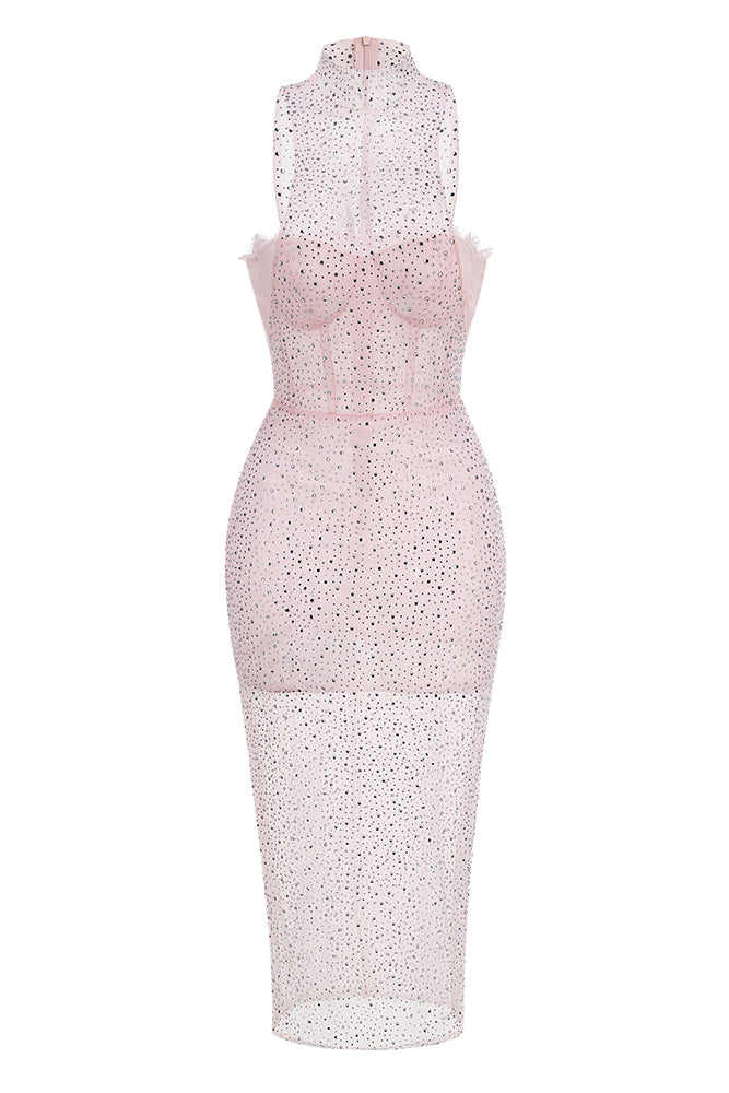 Stand Collar Crystal Embellished Mesh Dress