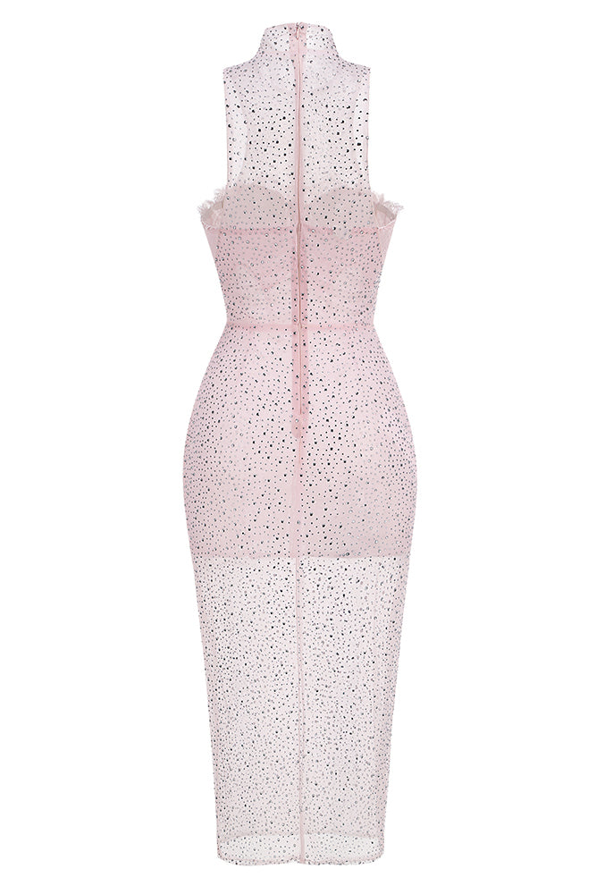 crystal embellished mesh dress Silver Rhinestone Maxi Dress - Crystal Mesh Sheer Gown with Square Neck & Low Back | Embellished Evening & Gala Dress for Women