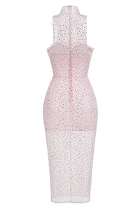 Stand Collar Crystal Embellished Mesh Dress