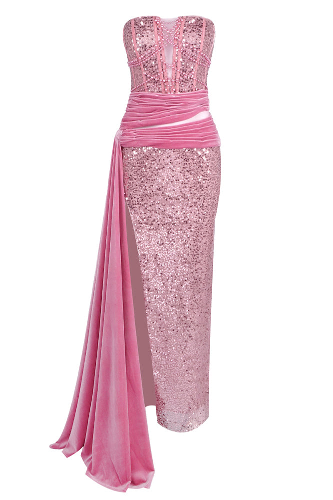 slim fit dress slacks Stunning Pleated Evening Dress with High Slit and Sequin Sleeves main image 1