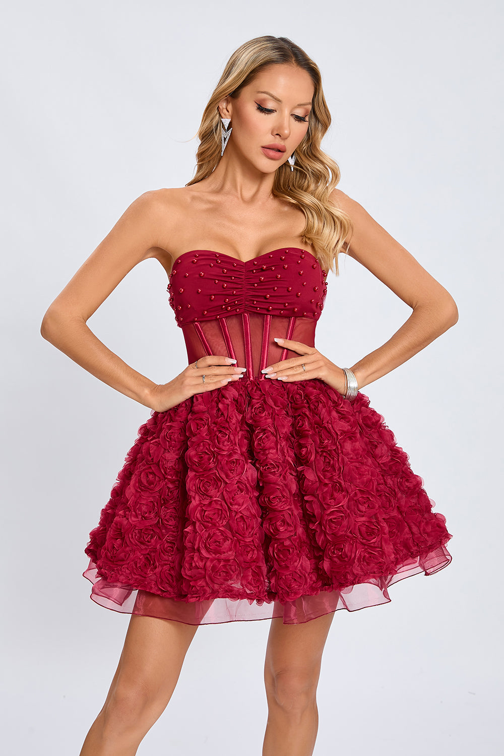strapless corset floral ruffle dress red Strapless Petal Floral Corset A Line Dress Red