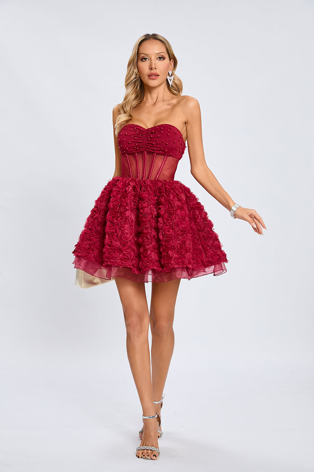 strapless corset floral ruffle dress red Ocane Vtements