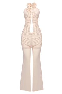 Strapless Deep V 3D Floral Jumpsuit in Nude